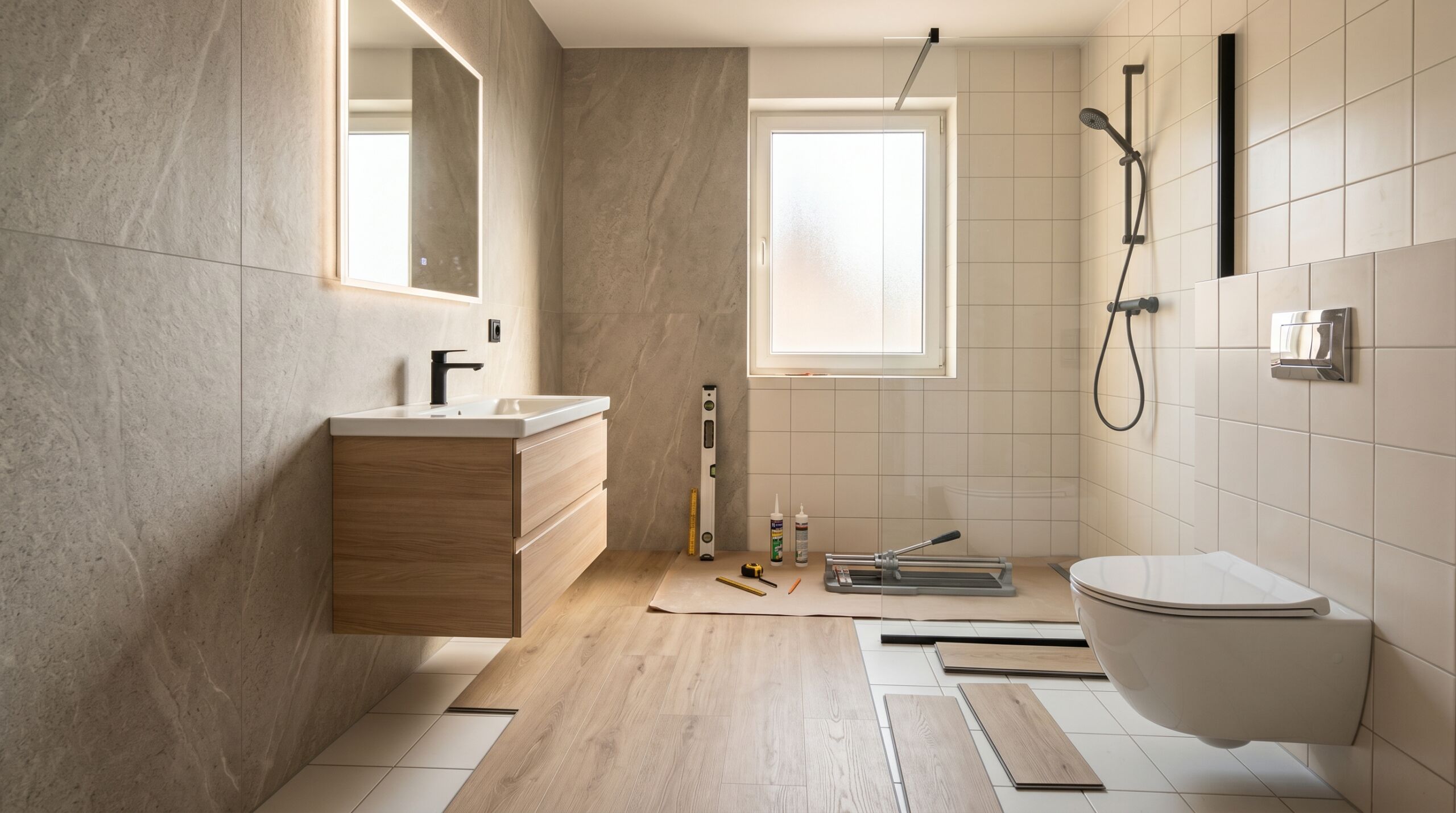 Remont łazienki bez kucia z płytami ściennymi i podłogą SPC